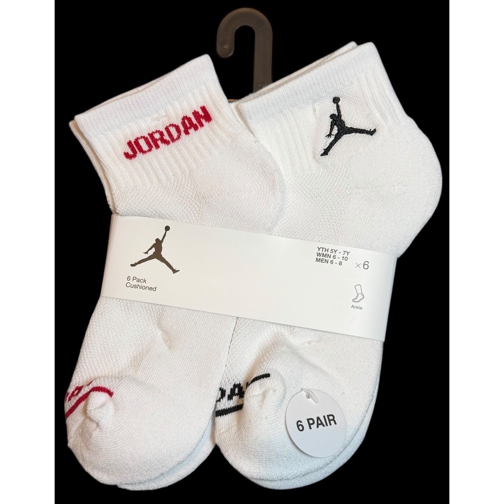 Nike Jordan Boy Socks Ankle Jumpman Basketball Cushioned 6 Pair Shoe 5Y-7Y White